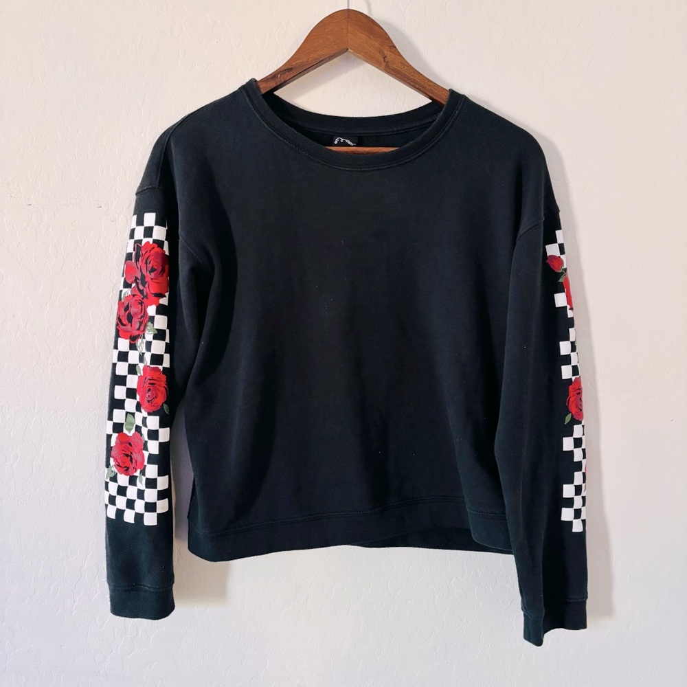 Art Class Black Long‎ Sleeve Top with Red Floral Checkered Sleeves Size 14 / 16